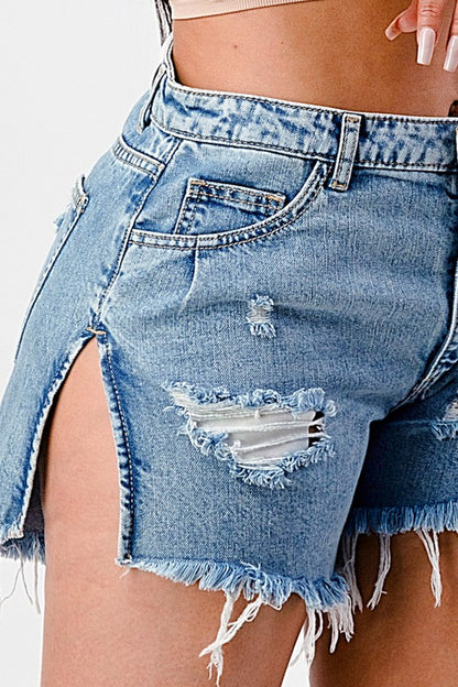 Distressed Side Slit Denim Shorts