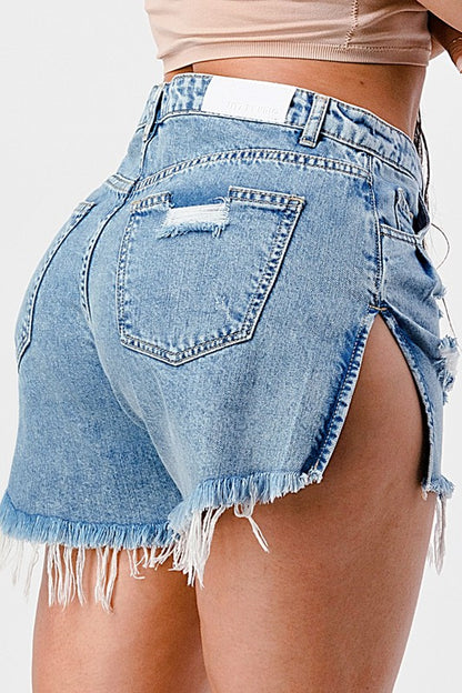 Distressed Side Slit Denim Shorts