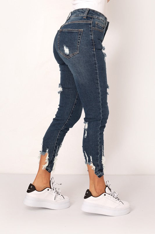 Distressed Frayed Hem Skinny Jeans