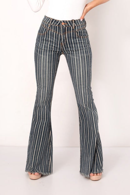 Flared Striped Mid Rise Jeans