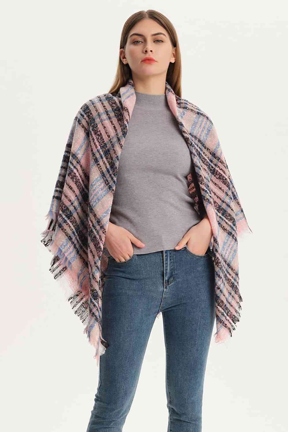 India Plaid Raw Hem Polyester Scarf
