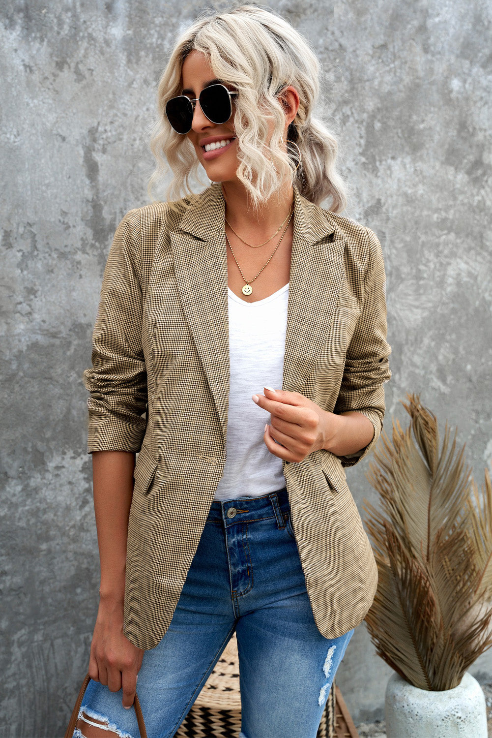 Plaid Button Cuff Blazer