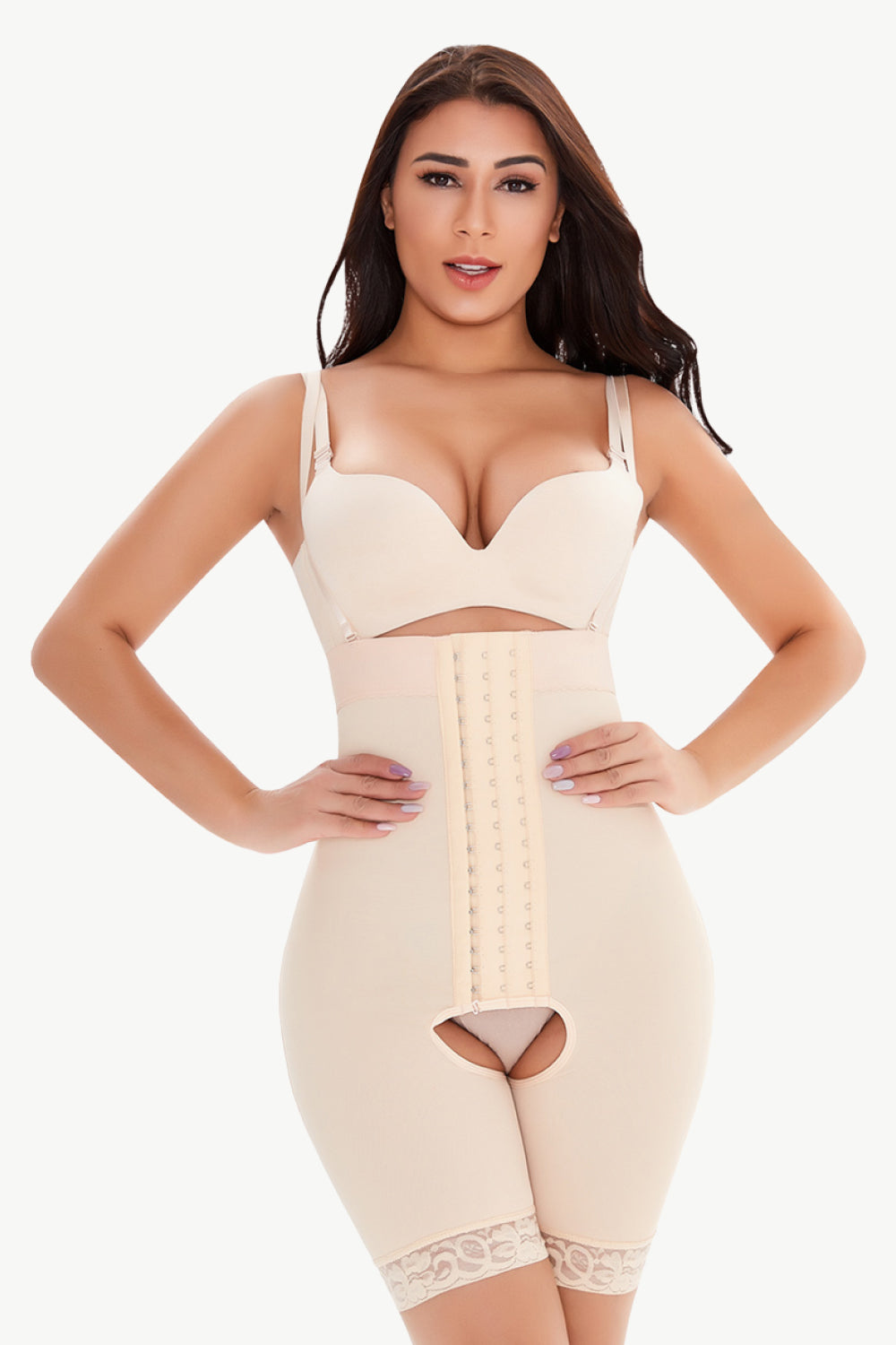 Hook &amp; Eye Under-Bust Lace Trim Shaping Bodysuit