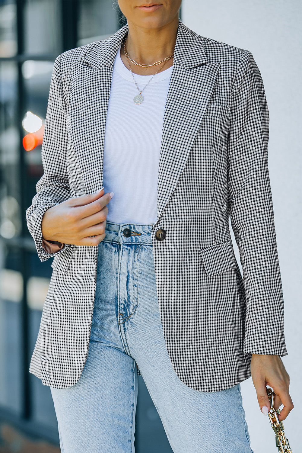 Plaid Button Cuff Blazer