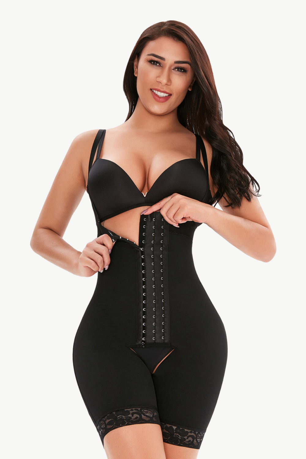 Hook &amp; Eye Under-Bust Lace Trim Shaping Bodysuit