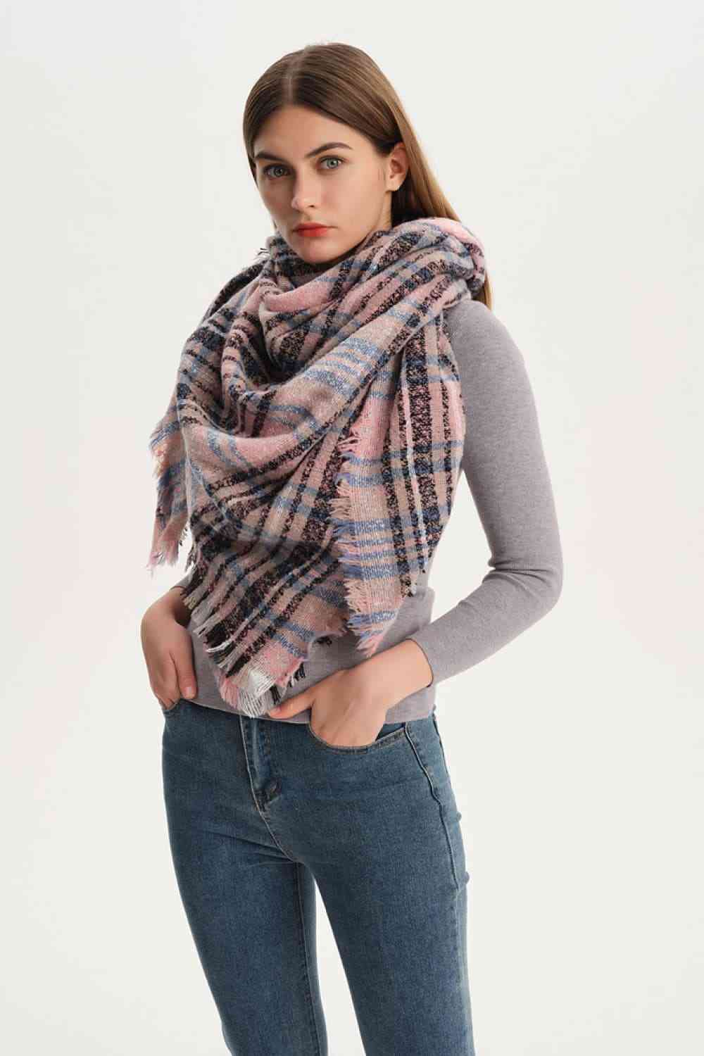 India Plaid Raw Hem Polyester Scarf
