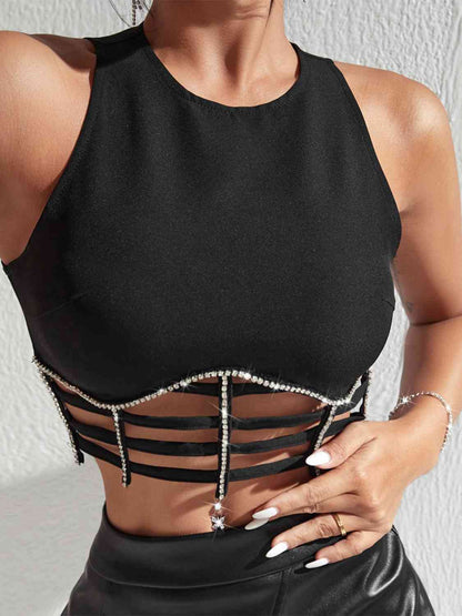 Rhilay Rhinestone Cutout Crop Top