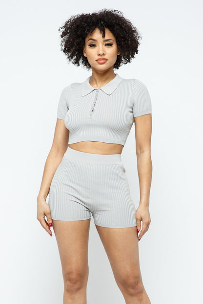 Collar Crop Top Shorts Set