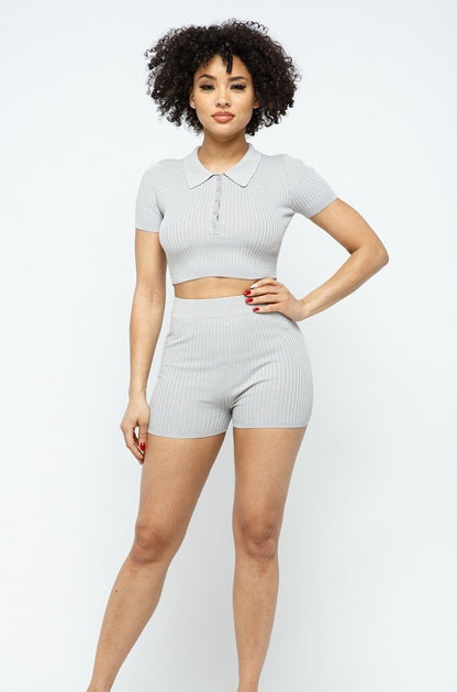 Collar Crop Top Shorts Set