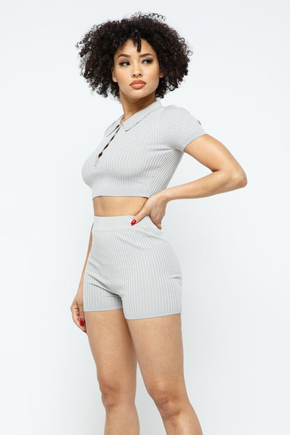 Collar Crop Top Shorts Set