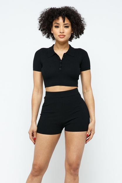 Collar Crop Top Shorts Set