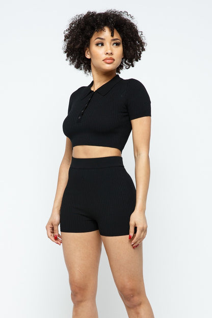 Collar Crop Top Shorts Set