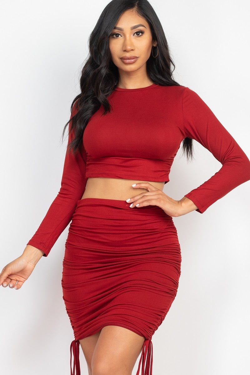 Ruched Side Crop Top Drawstring Skirt Set