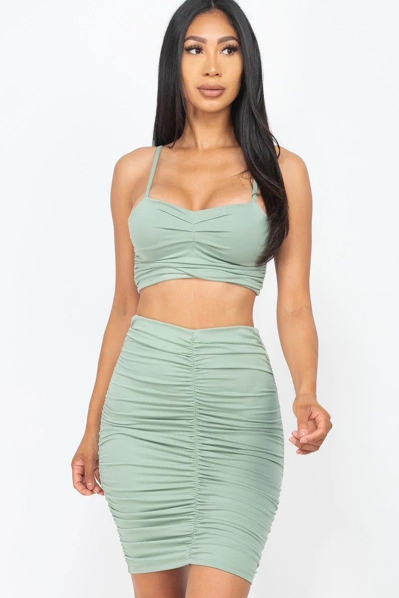 Ruched Crop Top Skirt Set