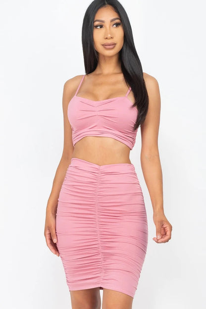 Ruched Crop Top Skirt Set