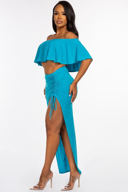 Off The Shoulder Ruffled Cropped Maxi Skirt Set