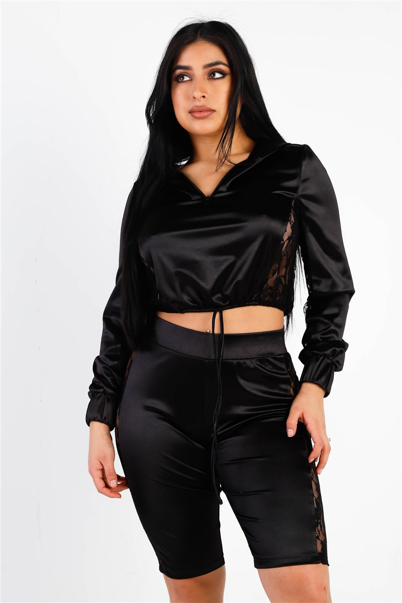 Satin Lace Detail Biker Short Set