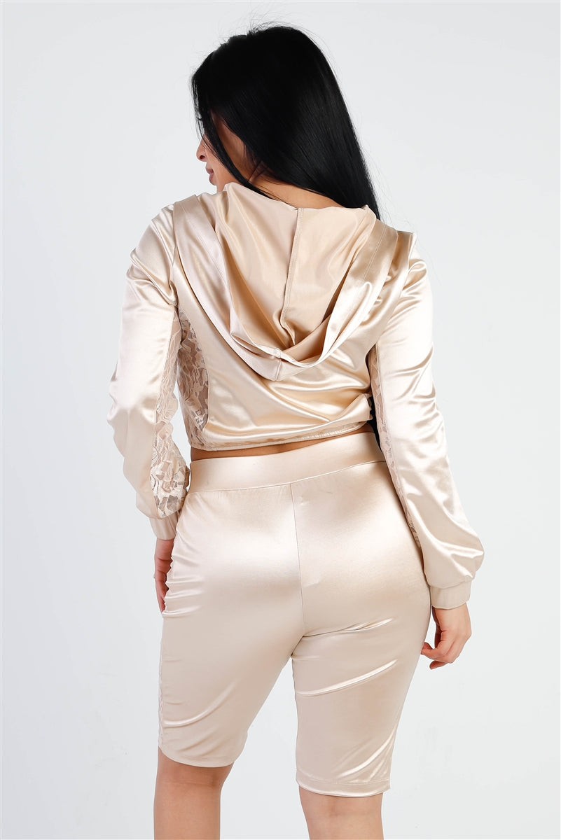 Satin Lace Detail Biker Short Set