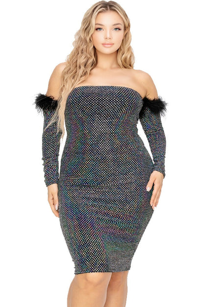 Off Shoulder Feather Trim Sequin Dress