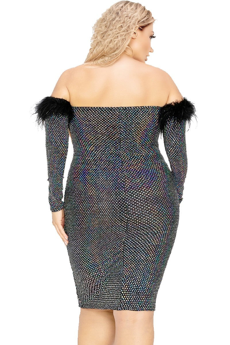 Off Shoulder Feather Trim Sequin Dress