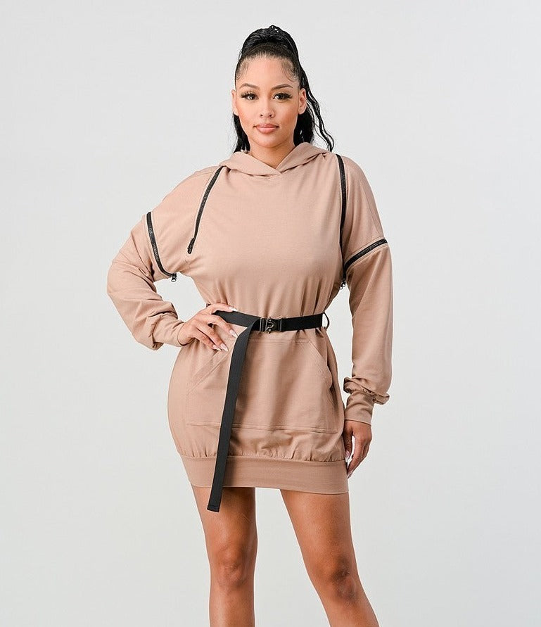 Double Zipper Long Sleeve Hooded Mini Dress