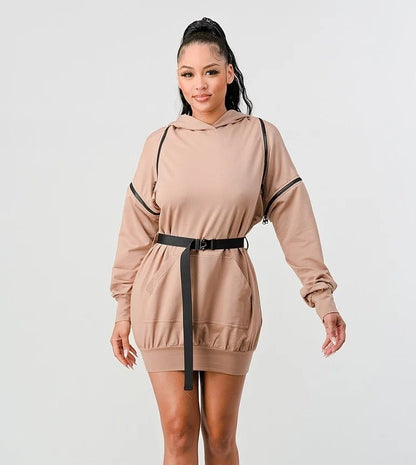 Double Zipper Long Sleeve Hooded Mini Dress