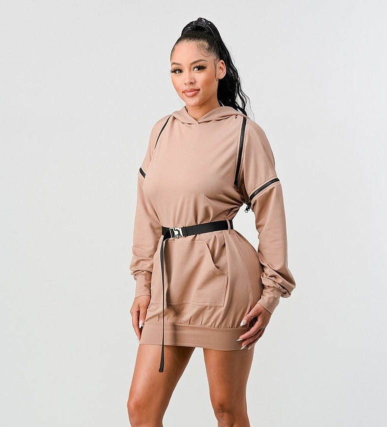 Double Zipper Long Sleeve Hooded Mini Dress