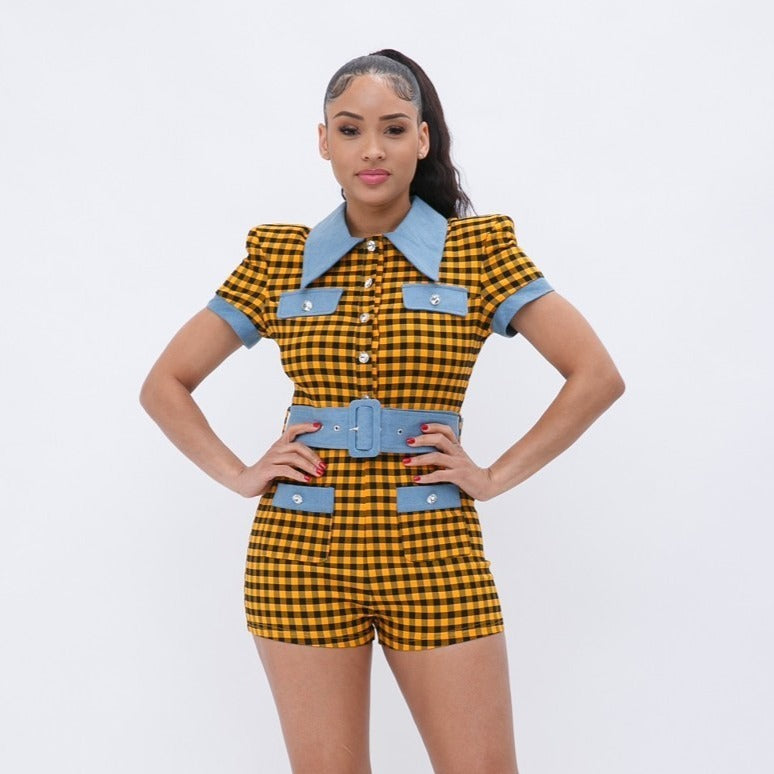 Belted Plaid Print Romper