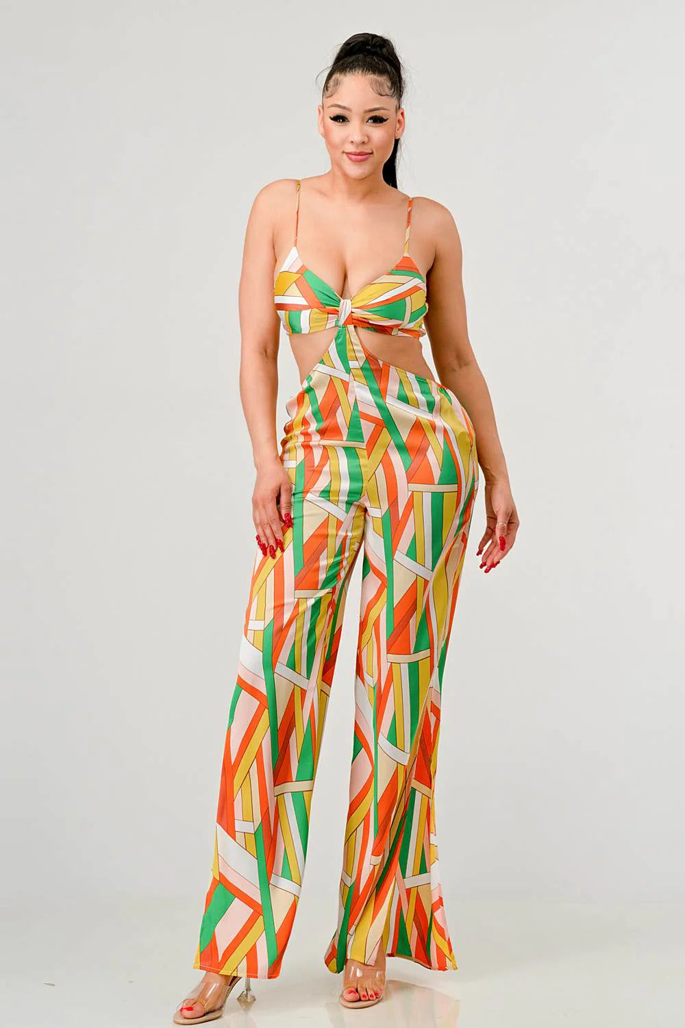Luxe Satin Geo Print Wide Leg Jumpsuit