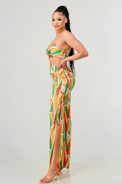 Luxe Satin Geo Print Wide Leg Jumpsuit