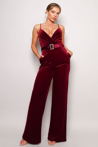 Samyia Rhinestone Belted Velvet Jumpsuit