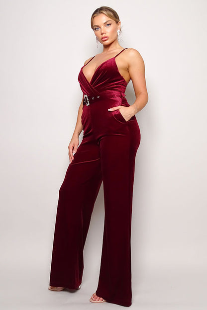 Samyia Rhinestone Belted Velvet Jumpsuit