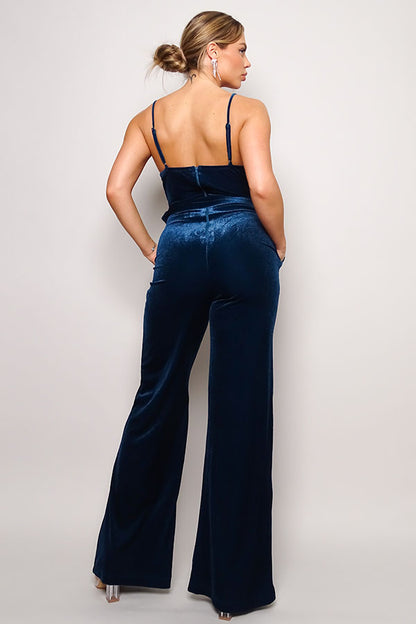 Samyia Rhinestone Belted Velvet Jumpsuit