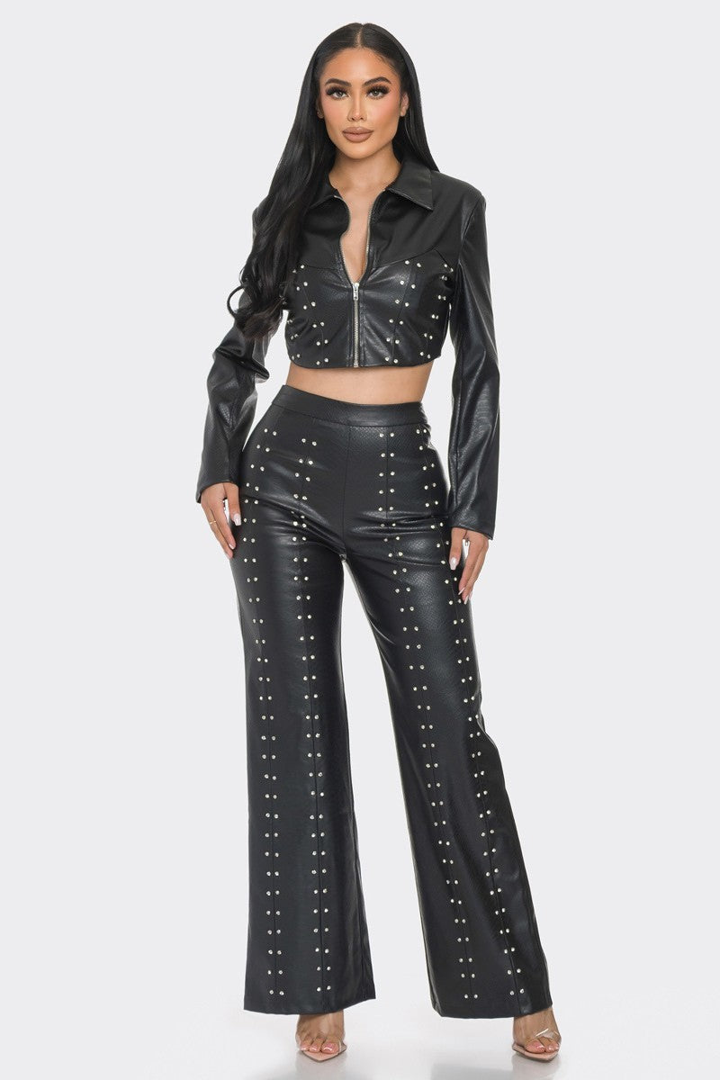 Embellished Rhinestone Faux Leather Pants Set