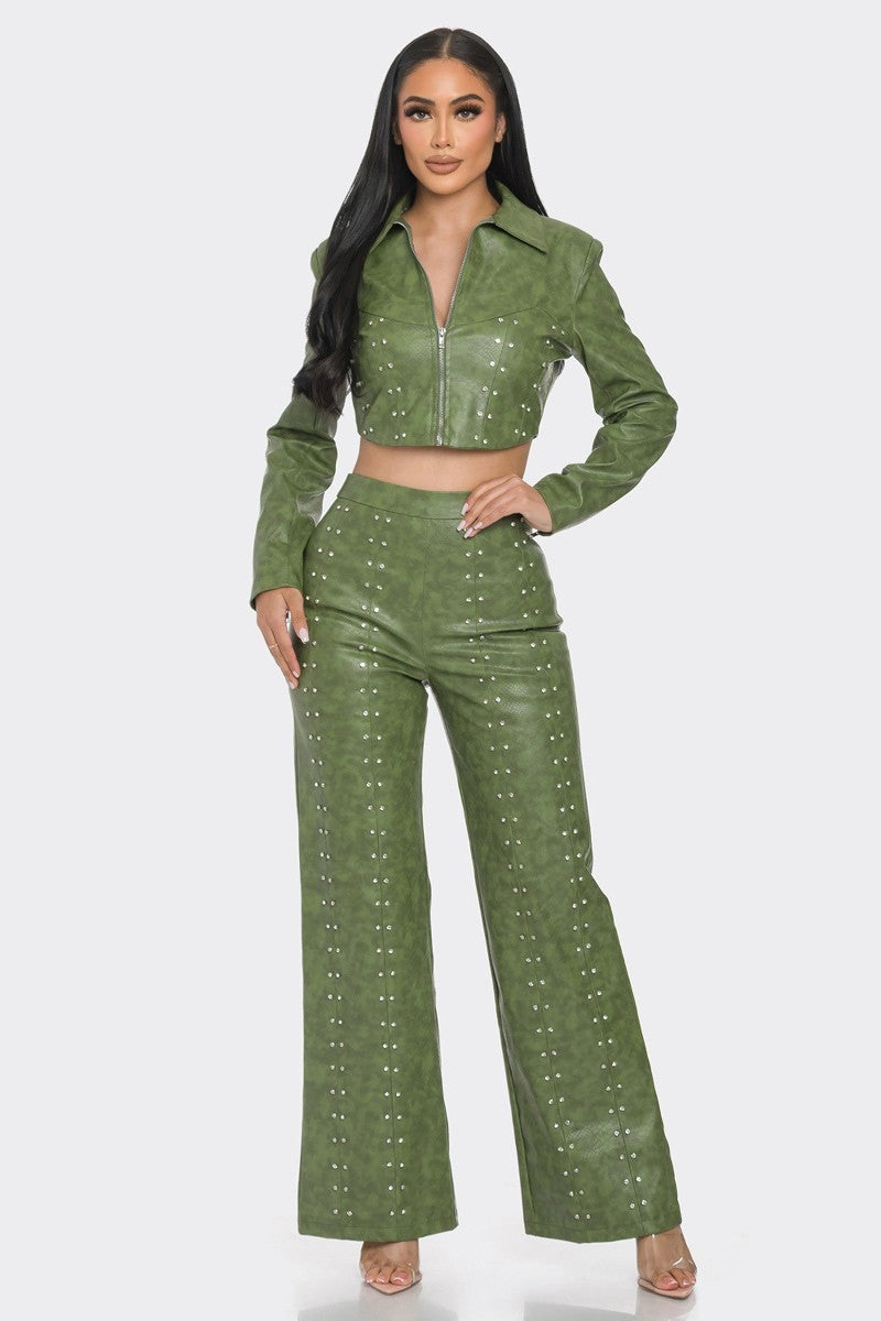 Embellished Rhinestone Faux Leather Pants Set