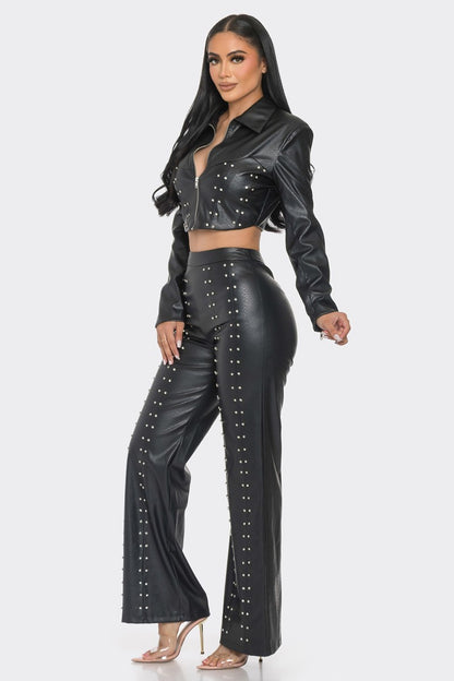 Embellished Rhinestone Faux Leather Pants Set