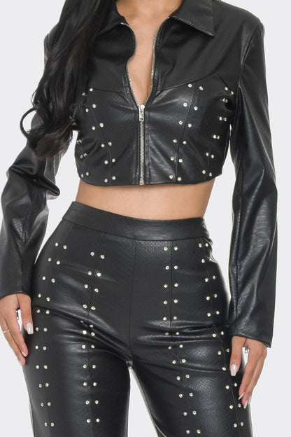 Embellished Rhinestone Faux Leather Pants Set