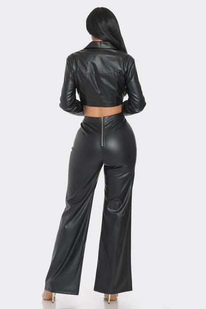 Embellished Rhinestone Faux Leather Pants Set