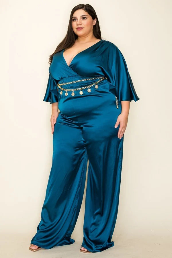 Sallie Satin Wrap Smocked Waist Jumpsuit