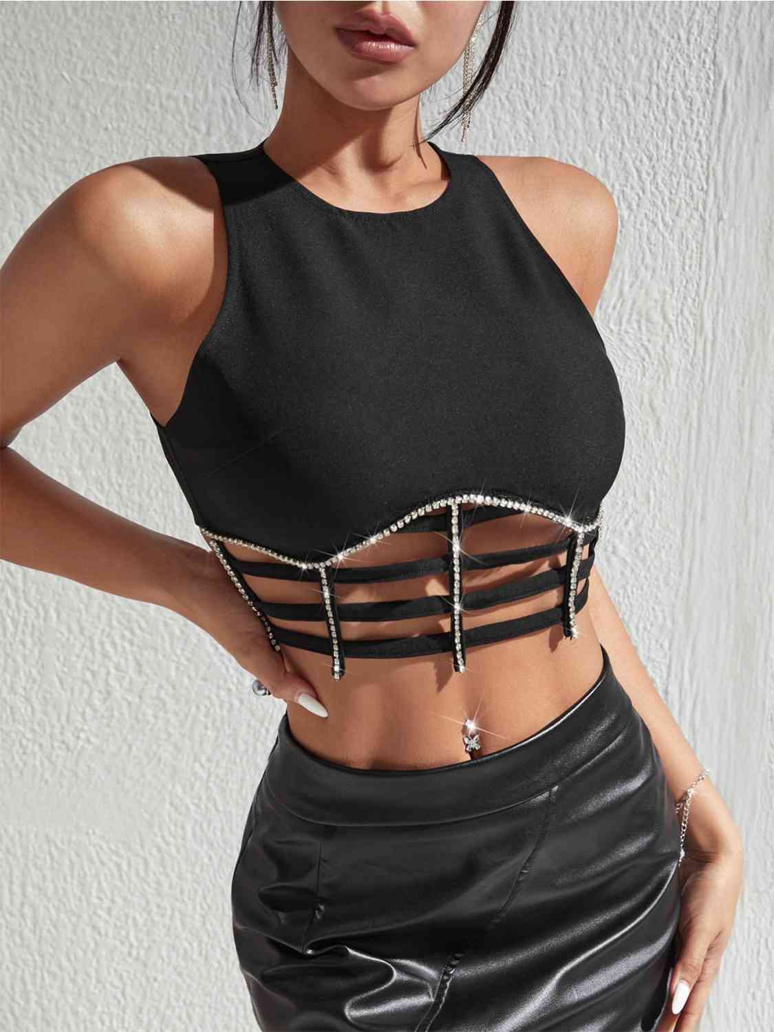 Rhilay Rhinestone Cutout Crop Top