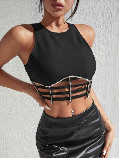Rhilay Rhinestone Cutout Crop Top