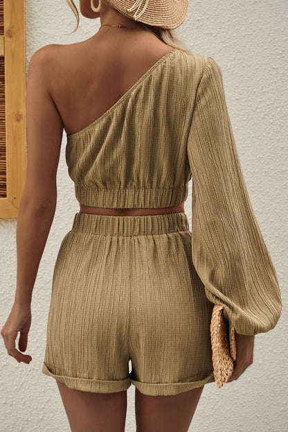 One-Shoulder Balloon Sleeve Crop Shorts Set
