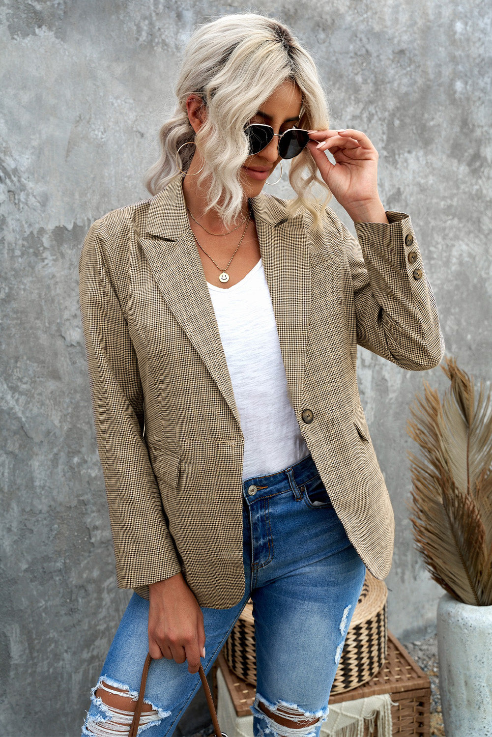 Plaid Button Cuff Blazer