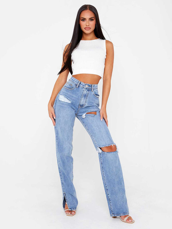 Straight Leg Ripped Ankle Slit Jeans