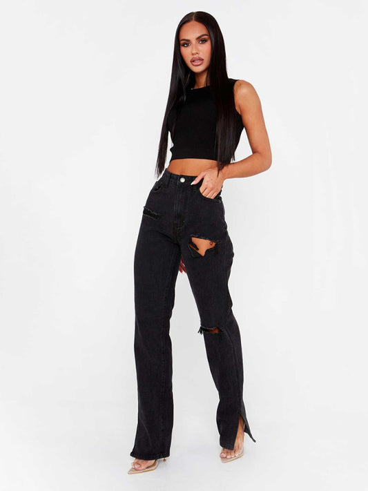 Straight Leg Ripped Ankle Slit Jeans