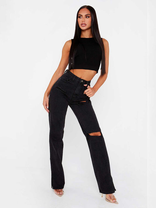 Straight Leg Ripped Ankle Slit Jeans