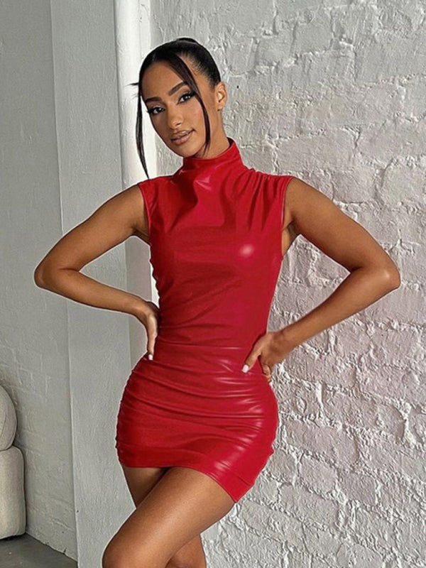 Sue Sleeveless Pleated Faux Leather Mini Dress